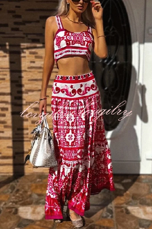 Unique Printed Sexy Sling Tank and Elastic Waist Large Hem Maxi Skirt Set lemon yellow tank Unique Printed Sexy Sling Tank and Elastic Waist Large Hem Maxi Skirt Set lemon yellow tank