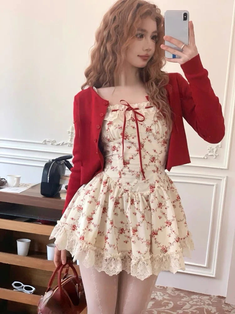 Yipinpay New Sweet Floral Dress Set Woman Casual Red Short Cardigan Elegant Lace Y2k Mini Dress Beach Korean Fashion Clothing Suit Lace Blend Ribbed Blend Corduroy Blend Yipinpay New Sweet Floral Dress Set Woman Casual Red Short Cardigan Elegant Lace Y2k Mini Dress Beach Korean Fashion Clothing Suit Lace Blend Ribbed Blend Corduroy Blend