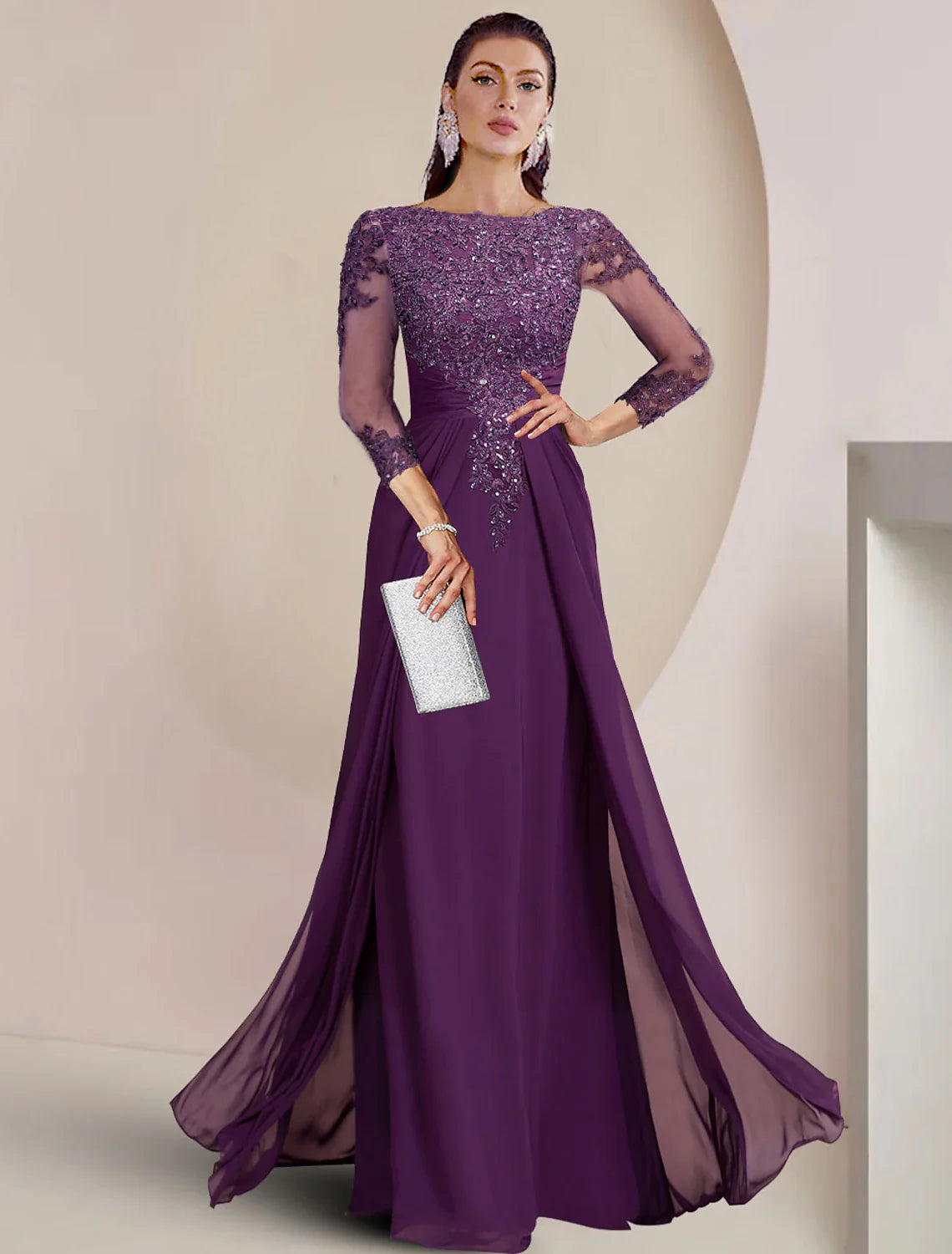 Sheath / Column Mother of the Bride Dress With Overskirts Formal Wedding Guest Elegant Sequin Scoop Neck Floor Length Chiffon Lace 3/4 Sleeve with Appliques Sparkle & Shine Sheath / Column Mother of the Bride Dress With Overskirts Formal Wedding Guest Elegant Sequin Scoop Neck Floor Length Chiffon Lace 3/4 Sleeve with Appliques Sparkle & Shine