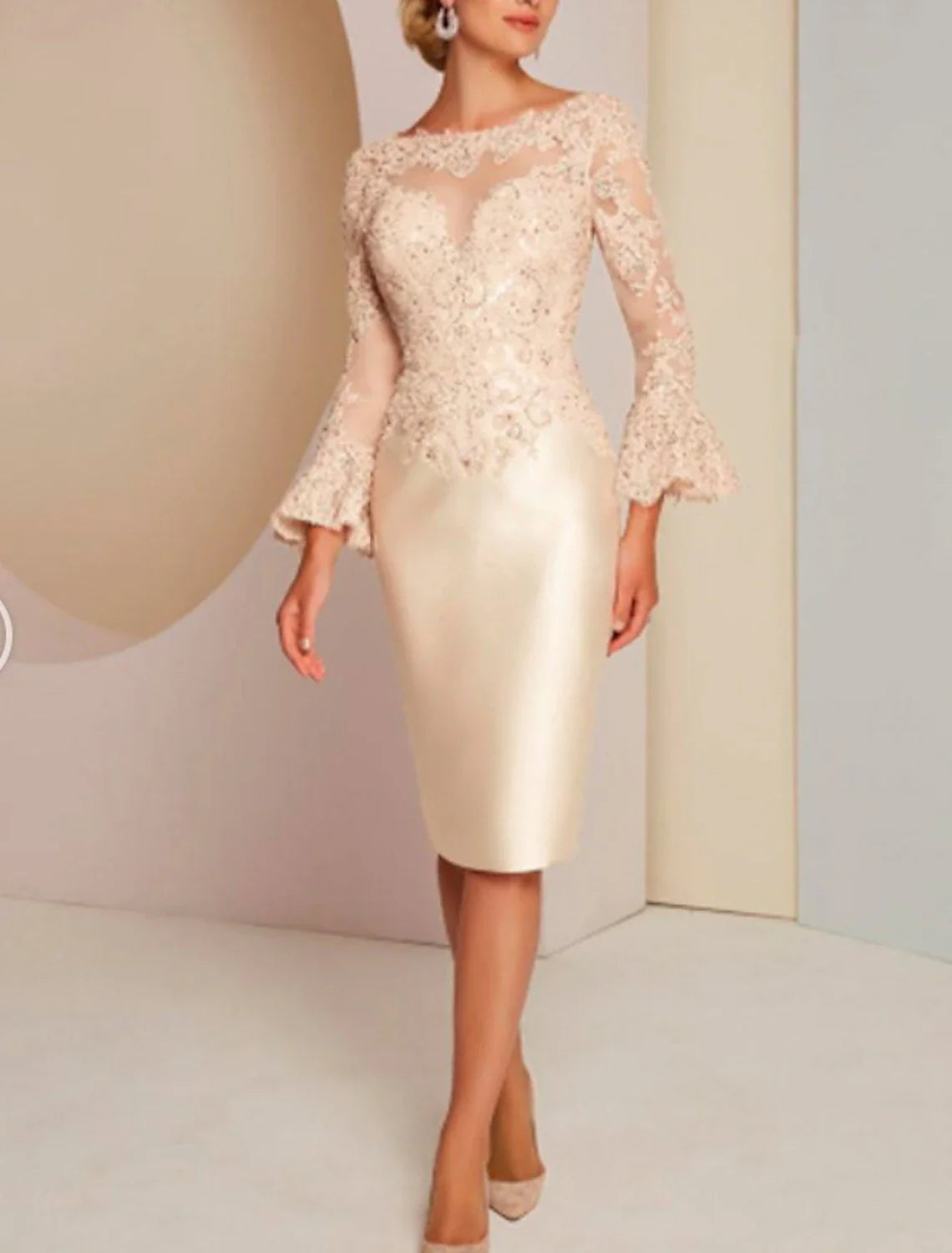 Sheath / Column Mother of the Bride Dress Wedding Guest Elegant Vintage Luxurious Jewel Neck Knee Length Satin Lace Long Sleeve with Beading Appliques Sheath / Column Mother of the Bride Dress Wedding Guest Elegant Vintage Luxurious Jewel Neck Knee Length Satin Lace Long Sleeve with Beading Appliques