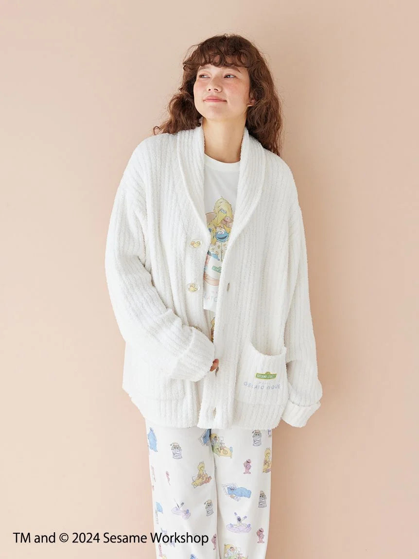 【SESAME STREET】【UNISEX】 Motif Jacquard Shawl Cardigan Transparent Opaque Sheer