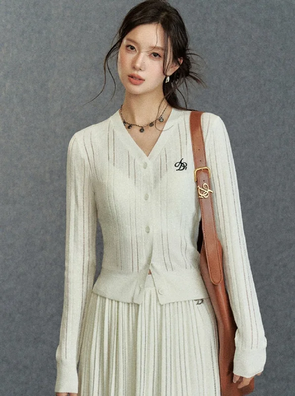 Elegant Ribbed Cardigan: Classic V-Neck with Signature Embroidery Terry Terry Cloth Terry Knit Elegant Ribbed Cardigan: Classic V-Neck with Signature Embroidery Terry Terry Cloth Terry Knit