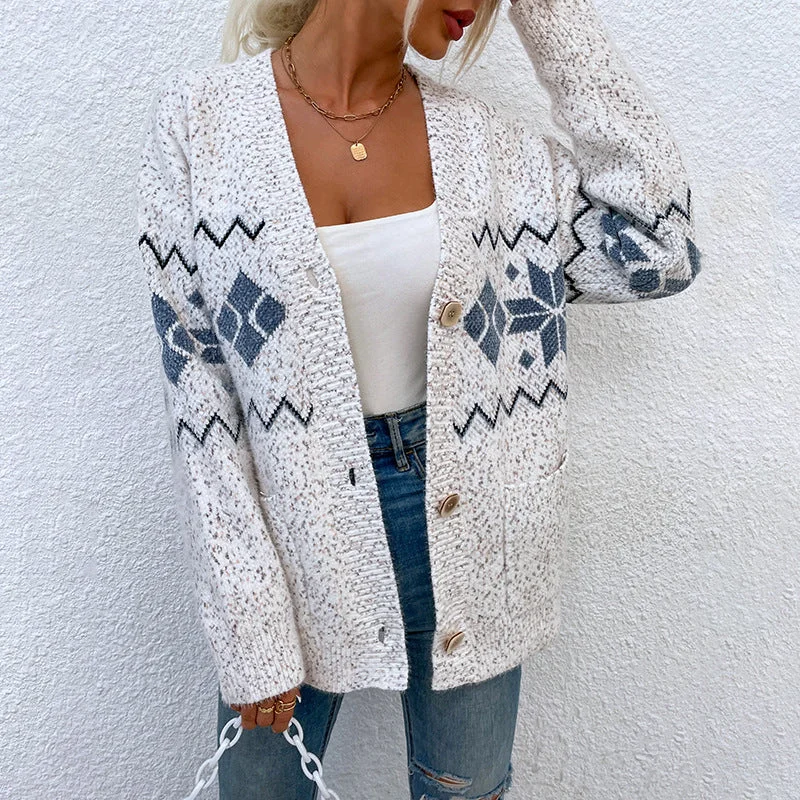 Fashion Christmas Flake Knitted Cardigan Coats Collared Crew Neck Turtle Neck
