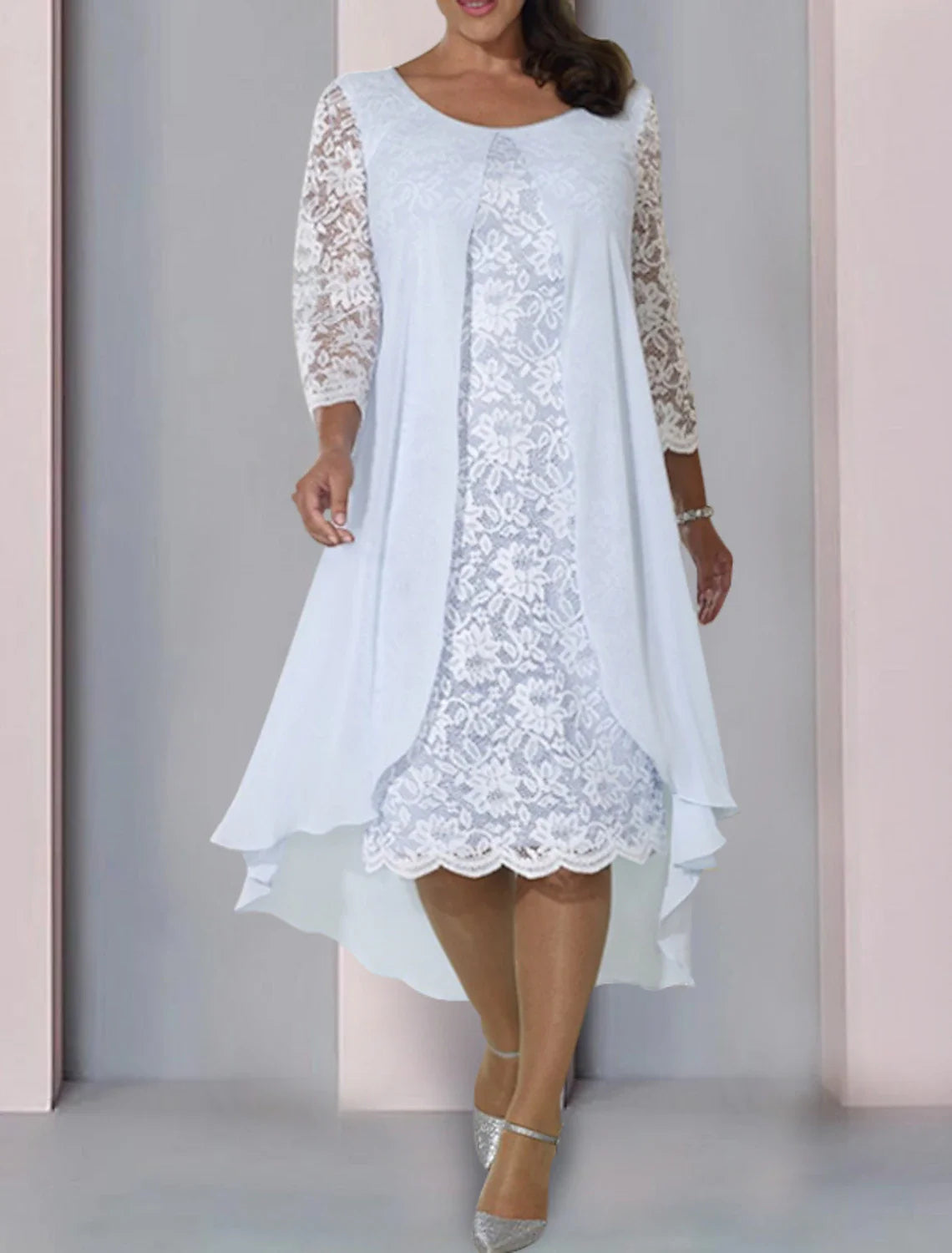 A-Line Mother of the Bride Dress Wedding Guest Elegant Scoop Neck Knee Length Chiffon Lace 3/4 Length Sleeve with Appliques A-Line Mother of the Bride Dress Wedding Guest Elegant Scoop Neck Knee Length Chiffon Lace 3/4 Length Sleeve with Appliques