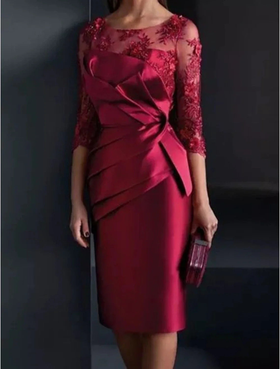 Sheath / Column Mother of the Bride Dress Wedding Guest Elegant Illusion Neck Knee Length Satin Lace 3/4 Length Sleeve with Appliques Ruching Sheath / Column Mother of the Bride Dress Wedding Guest Elegant Illusion Neck Knee Length Satin Lace 3/4 Length Sleeve with Appliques Ruching