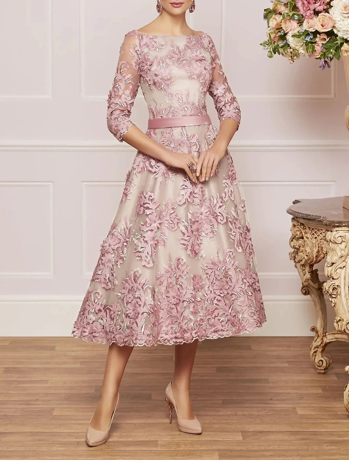A-Line Mother of the Bride Dress Wedding Guest Elegant Vintage Plus Size Bateau Neck Tea Length Lace Half Sleeve with Lace Sash / Ribbon A-Line Mother of the Bride Dress Wedding Guest Elegant Vintage Plus Size Bateau Neck Tea Length Lace Half Sleeve with Lace Sash / Ribbon