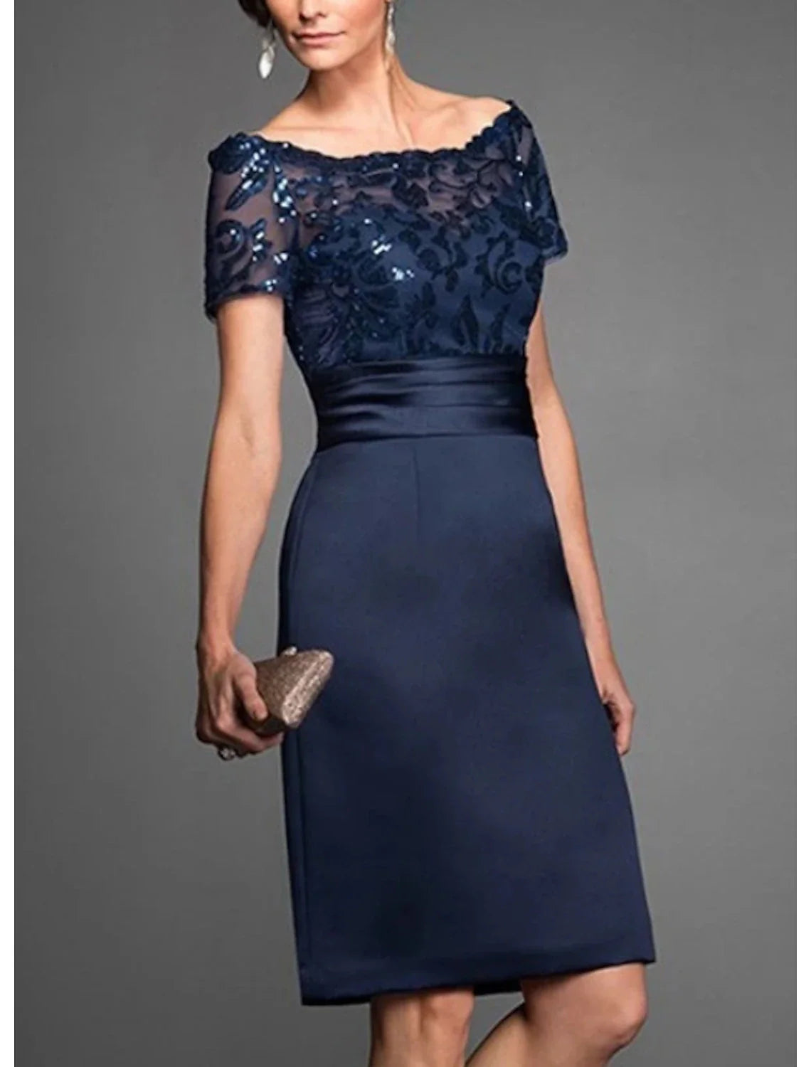 Sheath / Column Mother of the Bride Dress Wedding Guest Elegant Off Shoulder Knee Length Chiffon Lace Tulle Short Sleeve with Lace Sequin Sheath / Column Mother of the Bride Dress Wedding Guest Elegant Off Shoulder Knee Length Chiffon Lace Tulle Short Sleeve with Lace Sequin