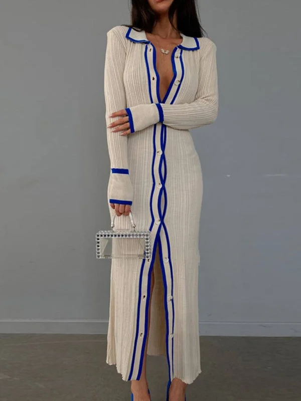 Blue Zone Planet | slim fit lapel patchwork long sleeve cardigan dress Soft Cozy Warm Blue Zone Planet | slim fit lapel patchwork long sleeve cardigan dress Soft Cozy Warm