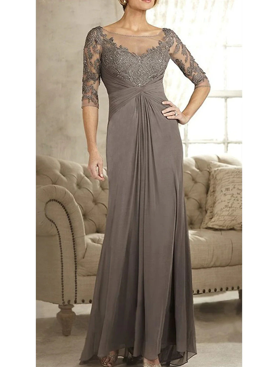 A-Line Mother of the Bride Dress Wedding Guest Elegant Simple Jewel Neck Floor Length Chiffon Lace 3/4 Length Sleeve with Crystals Appliques A-Line Mother of the Bride Dress Wedding Guest Elegant Simple Jewel Neck Floor Length Chiffon Lace 3/4 Length Sleeve with Crystals Appliques