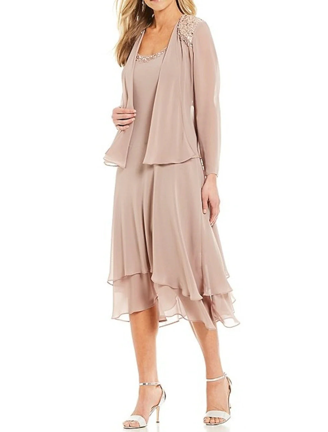 Two Piece A-Line Mother of the Bride Dress Wedding Guest Elegant Jewel Neck Tea Length Chiffon Long Sleeve with Beading Cascading Ruffles Two Piece A-Line Mother of the Bride Dress Wedding Guest Elegant Jewel Neck Tea Length Chiffon Long Sleeve with Beading Cascading Ruffles