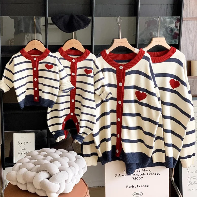 Matching Family Striped Cardigans Navy and Red Heart Embroidery Knit Sweaters for Mom, Dad, and Kids Casual Formal Business Matching Family Striped Cardigans Navy and Red Heart Embroidery Knit Sweaters for Mom, Dad, and Kids Casual Formal Business