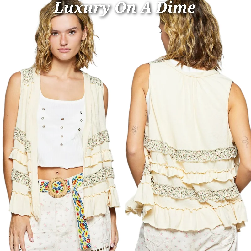 POL Ruffle Patchwork Retro Floral Boho Vest Hippie Raw Seam Sleeveless Cardigan Cream Satin Fabric Silk Fabric Chiffon Fabric POL Ruffle Patchwork Retro Floral Boho Vest Hippie Raw Seam Sleeveless Cardigan Cream Satin Fabric Silk Fabric Chiffon Fabric