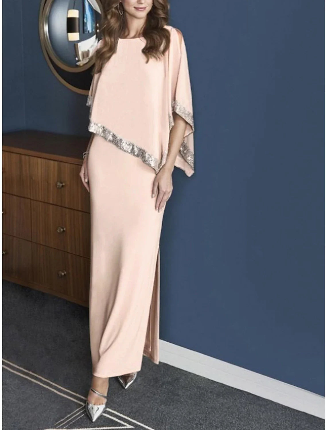 Sheath Mother of the Bride Dress Cape Dress Wedding Guest Elegant Sparkle & Shine Jewel Neck Ankle Length Chiffon 3/4 Length Sleeve with Sequin Split Front Sheath Mother of the Bride Dress Cape Dress Wedding Guest Elegant Sparkle & Shine Jewel Neck Ankle Length Chiffon 3/4 Length Sleeve with Sequin Split Front