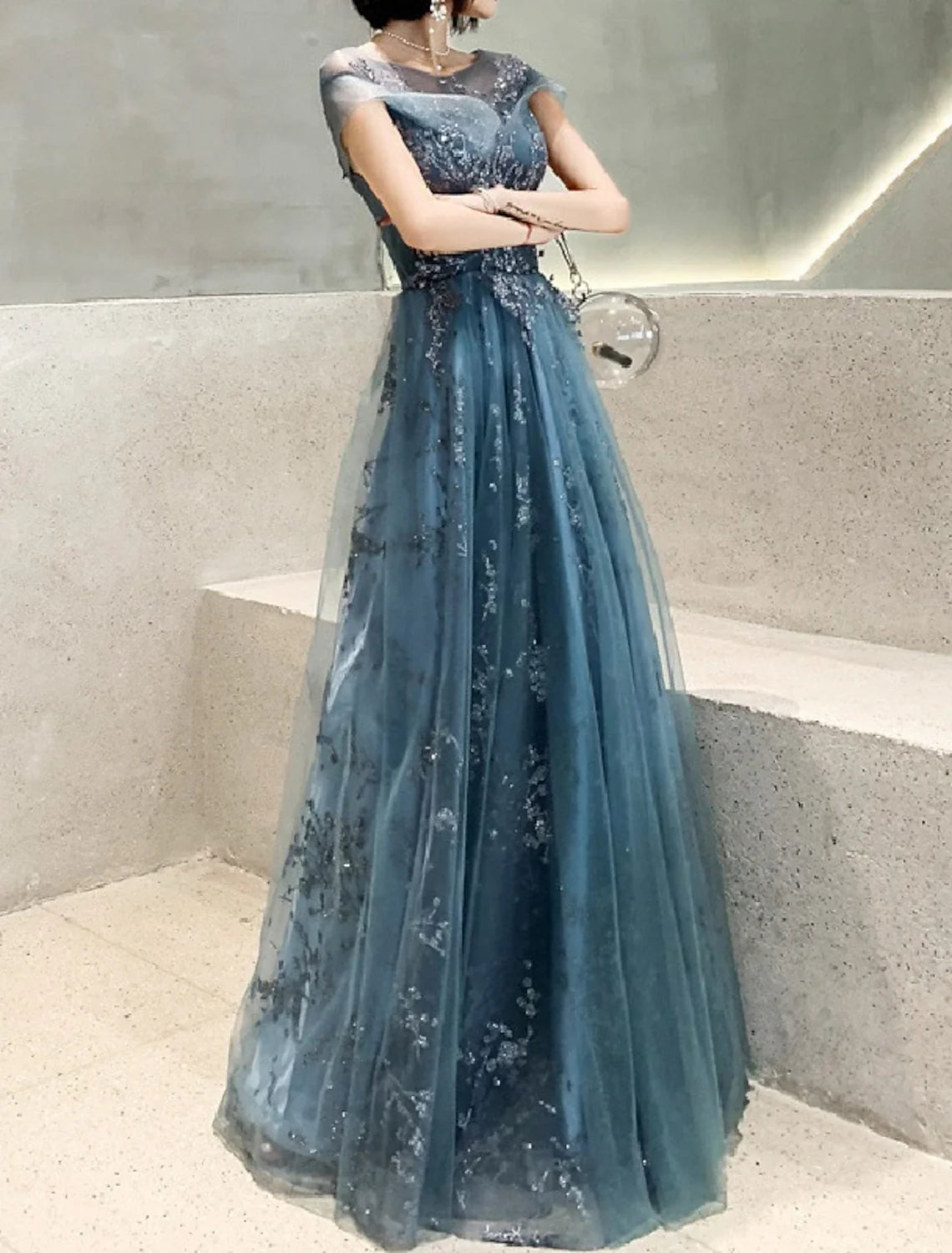 A-Line Mother of the Bride Dress Wedding Guest Elegant Jewel Neck Floor Length Tulle Short Sleeve with Pleats Appliques A-Line Mother of the Bride Dress Wedding Guest Elegant Jewel Neck Floor Length Tulle Short Sleeve with Pleats Appliques