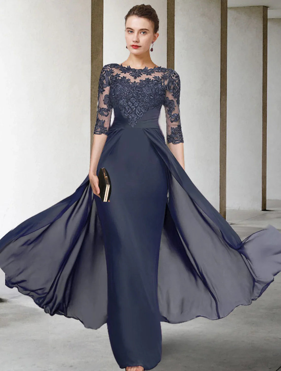 Sheath / Column Mother of the Bride Dress Elegant Plus Size Jewel Neck V Neck Floor Length Chiffon Lace Half Sleeve with Ruched Appliques Sheath / Column Mother of the Bride Dress Elegant Plus Size Jewel Neck V Neck Floor Length Chiffon Lace Half Sleeve with Ruched Appliques