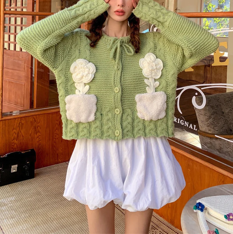 Lovely 3d Floral Design Knitted Cardigan Sweaters Bright Pastel Dark