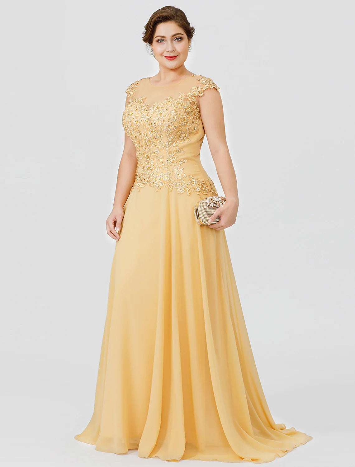 A-Line Mother of the Bride Dress Wedding Guest Elegant Plus Size Illusion Neck Sweep / Brush Train Chiffon Beaded Lace Short Sleeve No with Bow(s) Pleats A-Line Mother of the Bride Dress Wedding Guest Elegant Plus Size Illusion Neck Sweep / Brush Train Chiffon Beaded Lace Short Sleeve No with Bow(s) Pleats