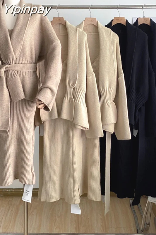 Yipinpay Piece Set Knitted Sling Dress 2023 Fall Winter Elegant Sweater Dresses Loose Cardigan + Slim V-neck Suspender Dress Office Oversized Loose Flowy Yipinpay Piece Set Knitted Sling Dress 2023 Fall Winter Elegant Sweater Dresses Loose Cardigan + Slim V-neck Suspender Dress Office Oversized Loose Flowy