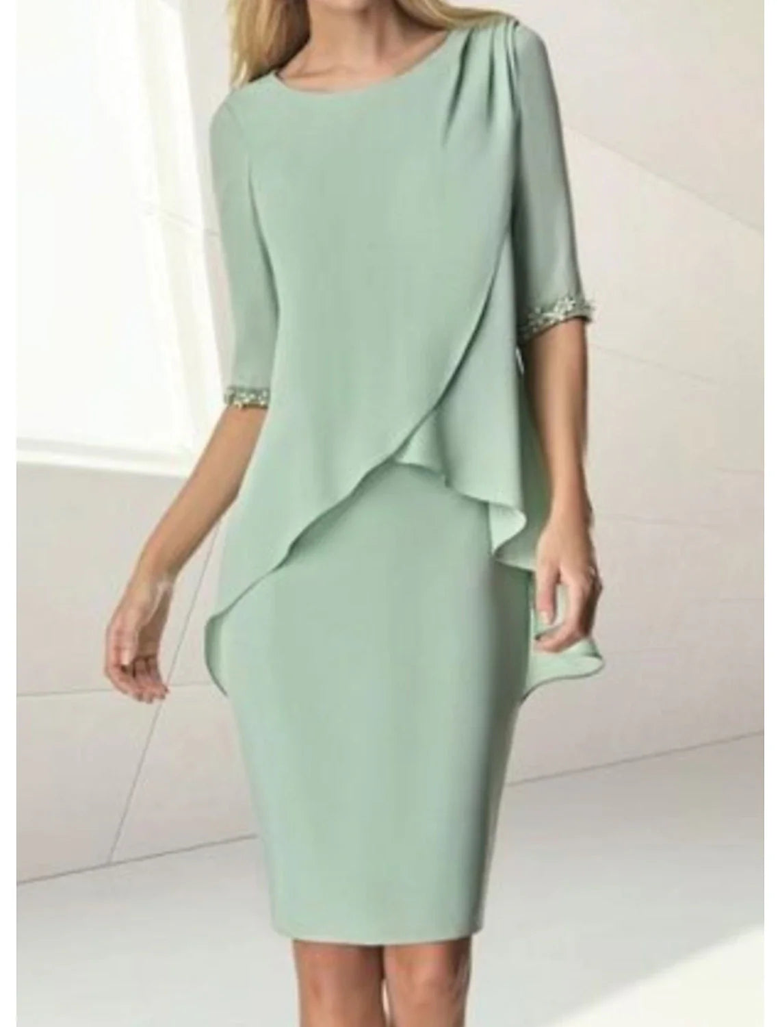 Sheath / Column Mother of the Bride Dress Wedding Guest Elegant Jewel Neck Knee Length Chiffon Half Sleeve with Beading Ruching Sheath / Column Mother of the Bride Dress Wedding Guest Elegant Jewel Neck Knee Length Chiffon Half Sleeve with Beading Ruching