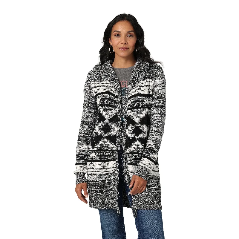 Wrangler Women's Black & White Southwestern Pattern Hooded Sweater Cardigan with Fringe Trim Modern Contemporary chic
