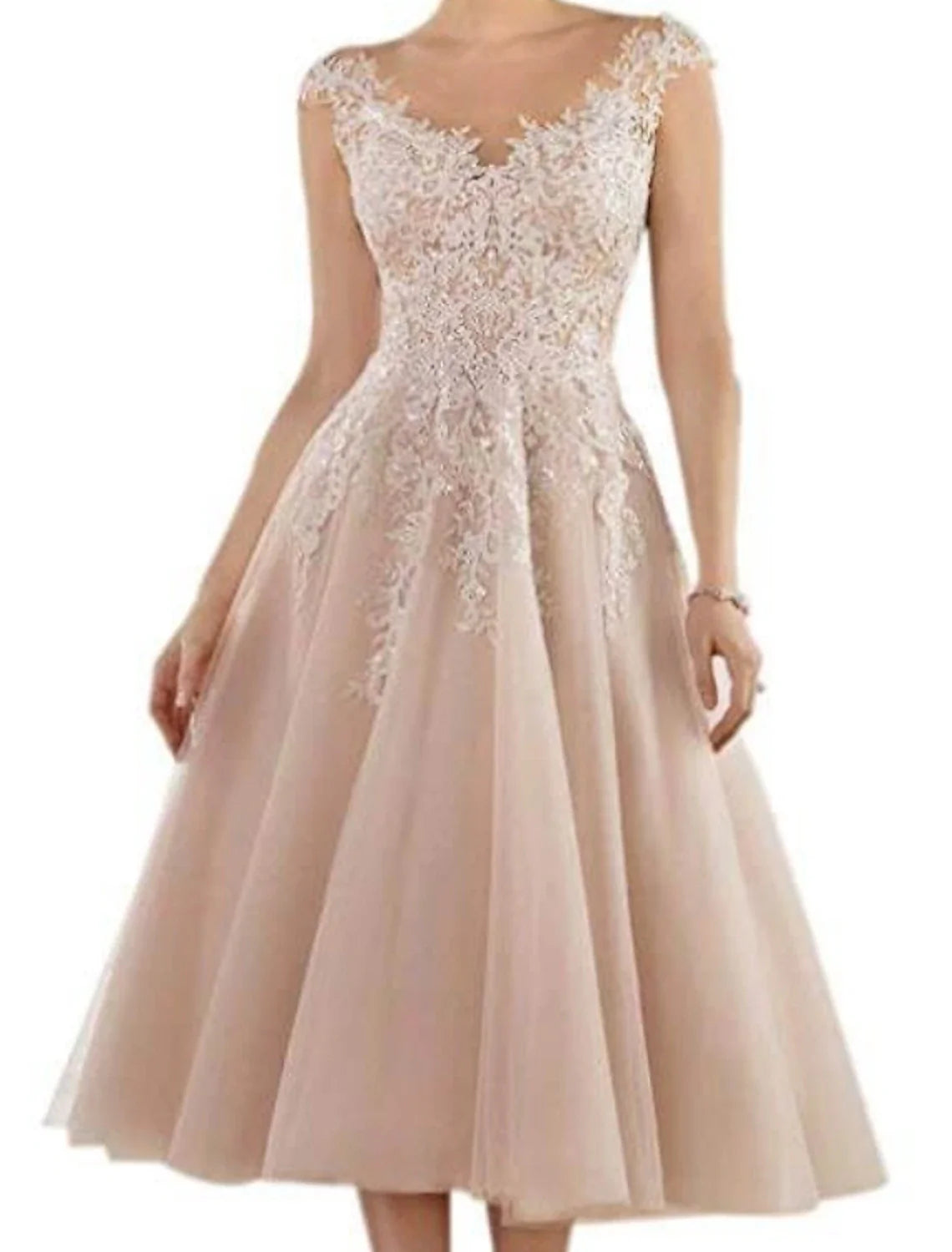 A-Line Mother of the Bride Dress Wedding Guest Elegant V Neck Tea Length Lace Tulle Sleeveless with Pleats Appliques A-Line Mother of the Bride Dress Wedding Guest Elegant V Neck Tea Length Lace Tulle Sleeveless with Pleats Appliques