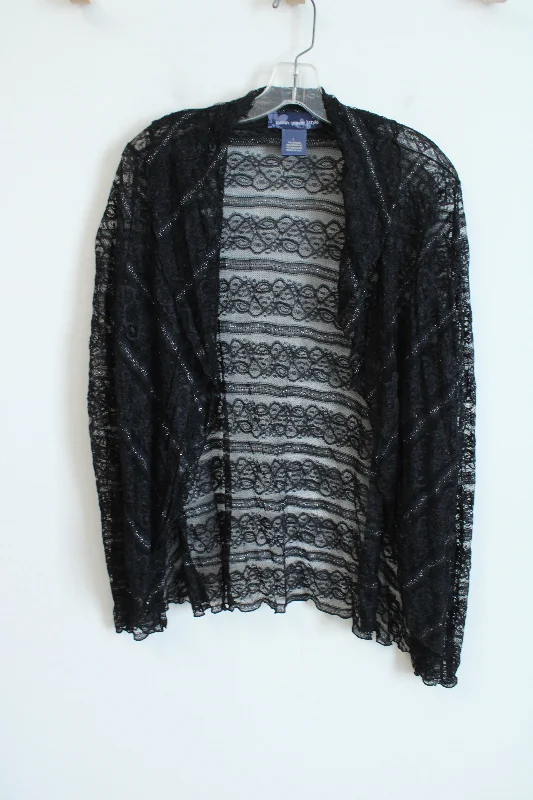 Susan Graver Style Black Shimmer Lace Cardigan | L Lace Blend Ribbed Blend Corduroy Blend Susan Graver Style Black Shimmer Lace Cardigan | L Lace Blend Ribbed Blend Corduroy Blend