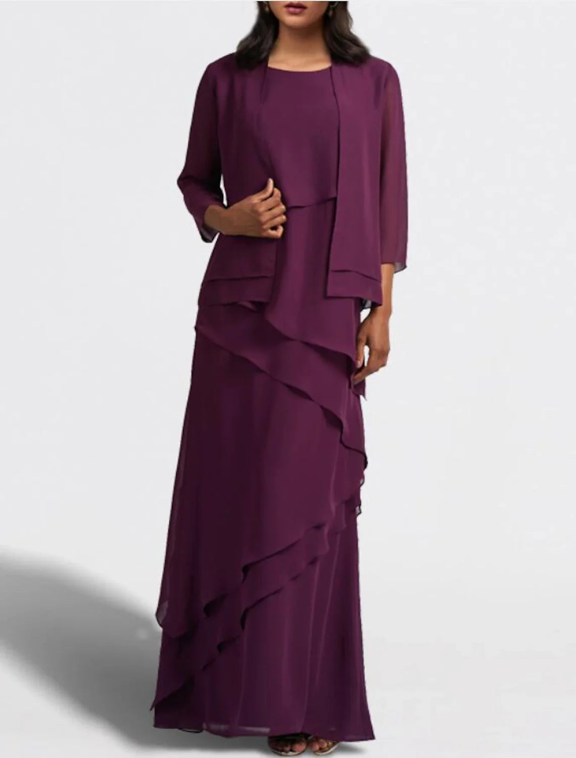 Two Piece A-Line Mother of the Bride Dress Wedding Guest Elegant Jewel Neck Floor Length Chiffon Sleeveless Wrap Included with Cascading Ruffles Solid Color Two Piece A-Line Mother of the Bride Dress Wedding Guest Elegant Jewel Neck Floor Length Chiffon Sleeveless Wrap Included with Cascading Ruffles Solid Color