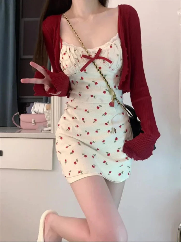 Yipinpay 2 Piece Dress Set Woman Red Long Sleeve Cardigan + Strap Floral Y2k Mini Dress Party Korean Fashion Suit 2024 Autumn Chic Striped Floral Plaid Yipinpay 2 Piece Dress Set Woman Red Long Sleeve Cardigan + Strap Floral Y2k Mini Dress Party Korean Fashion Suit 2024 Autumn Chic Striped Floral Plaid