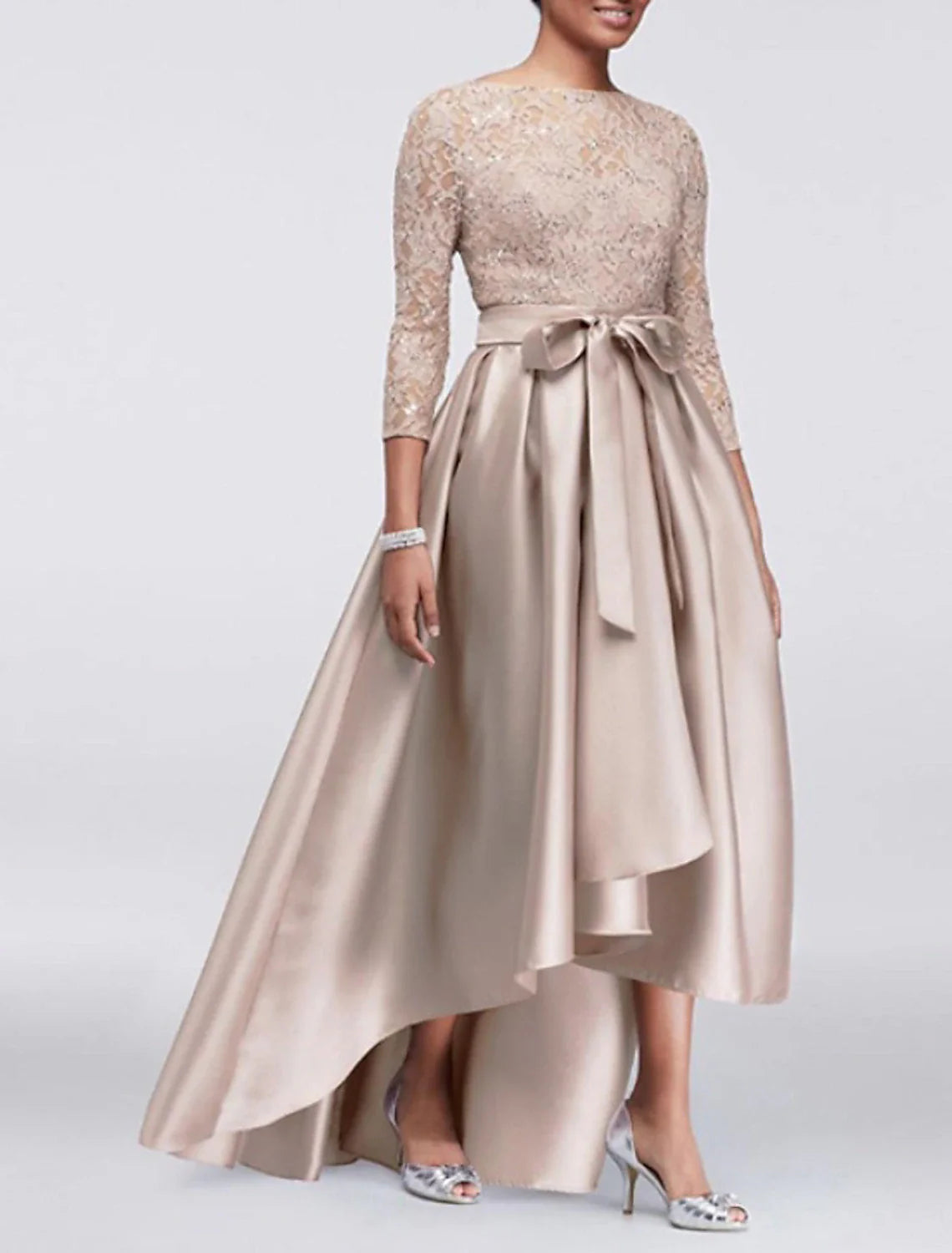 A-Line Mother of the Bride Dress Wedding Guest Elegant Plus Size High Low Jewel Neck Asymmetrical Satin Lace 3/4 Length Sleeve with Sash / Ribbon Appliques A-Line Mother of the Bride Dress Wedding Guest Elegant Plus Size High Low Jewel Neck Asymmetrical Satin Lace 3/4 Length Sleeve with Sash / Ribbon Appliques