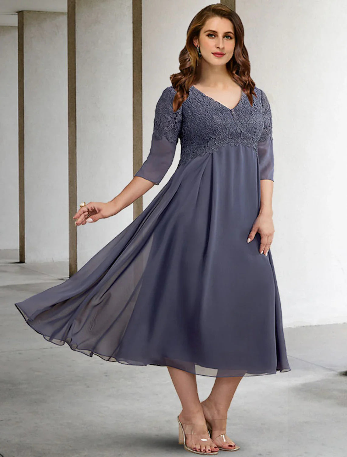 A-Line Plus Size Curve Mother of the Bride Dresses Elegant Dress Formal Wedding Guest Tea Length Half Sleeve V Neck Chiffon with Buttons Appliques A-Line Plus Size Curve Mother of the Bride Dresses Elegant Dress Formal Wedding Guest Tea Length Half Sleeve V Neck Chiffon with Buttons Appliques