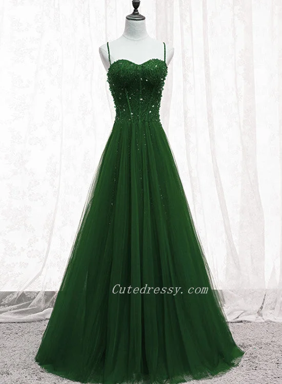 Green Beaded Tulle Sweetheart Tulle A-line Prom Dreess, Green Formal Dress Long Evening Dress Green Beaded Tulle Sweetheart Tulle A-line Prom Dreess, Green Formal Dress Long Evening Dress