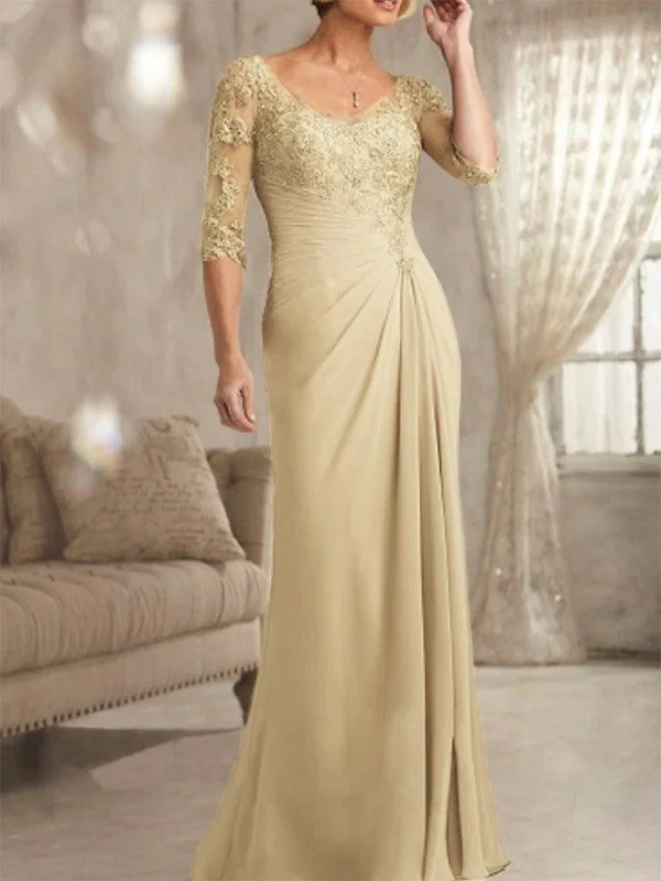 Noble tight fitting chiffon applique V-neck 1/2 sleeve and floor length style Mother of the Bride Dresses Noble tight fitting chiffon applique V-neck 1/2 sleeve and floor length style Mother of the Bride Dresses
