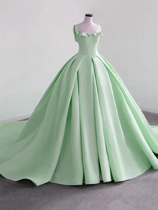 Green Satin Ball Gown Straps Sweet 16 Dress, Green Satin Long Prom Dress Evening Dress Green Satin Ball Gown Straps Sweet 16 Dress, Green Satin Long Prom Dress Evening Dress