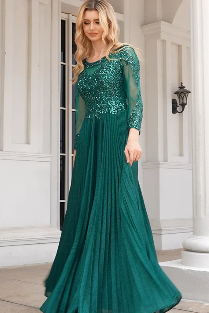 Noble sparkling A-shaped green low round neck long sleeved and ground length beaded Mother Of The Bride Dresses Noble sparkling A-shaped green low round neck long sleeved and ground length beaded Mother Of The Bride Dresses
