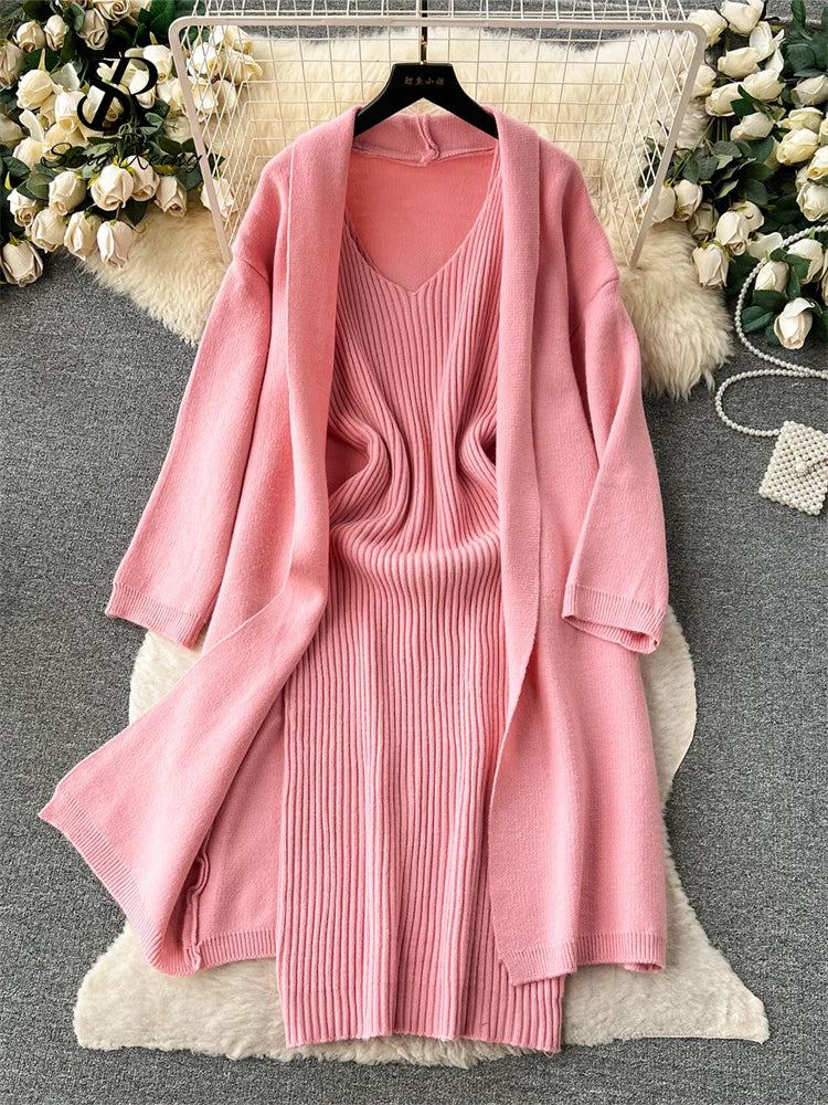 Yipinpay Autumn Thick Warm Knitted Suits 2024 Strap Knit Dress+Loose Long Cardigans Sweater Home Wear Casual Two Pieces Sets Mesh Blend Leather Blend Suede Blend Yipinpay Autumn Thick Warm Knitted Suits 2024 Strap Knit Dress+Loose Long Cardigans Sweater Home Wear Casual Two Pieces Sets Mesh Blend Leather Blend Suede Blend
