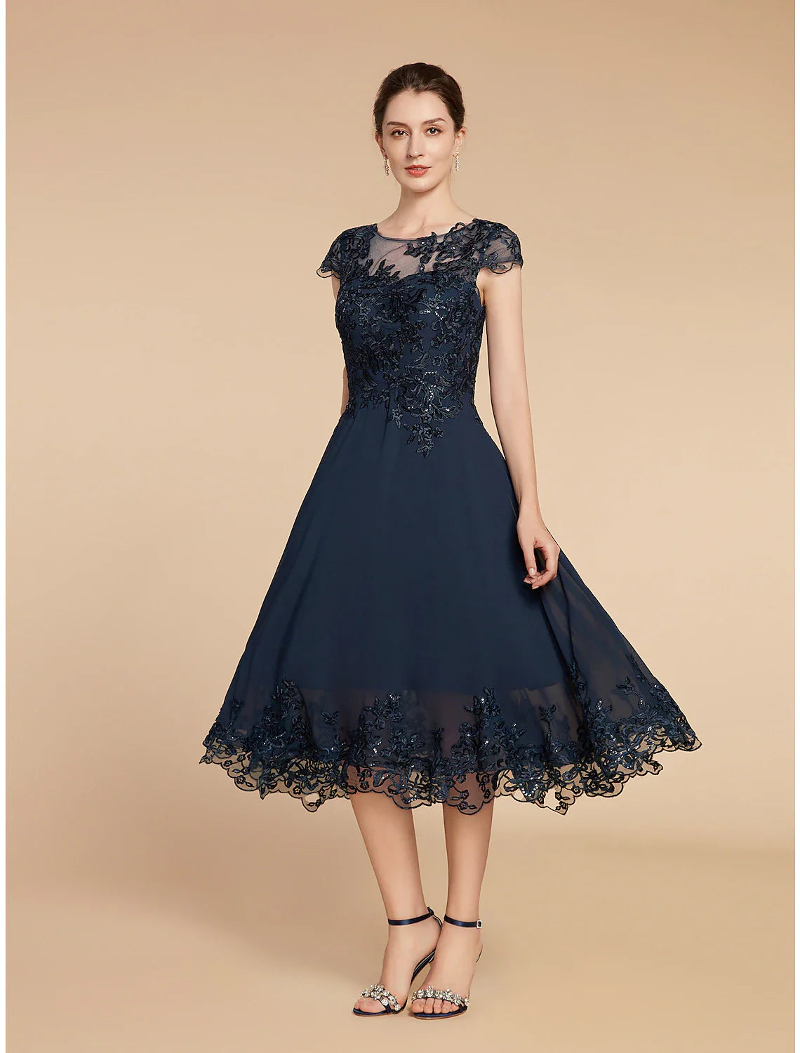 A-Line Mother of the Bride Dress Formal Wedding Guest Elegant Vintage Scoop Neck Tea Length Lace 3/4 Length Sleeve with Sequin Appliques A-Line Mother of the Bride Dress Formal Wedding Guest Elegant Vintage Scoop Neck Tea Length Lace 3/4 Length Sleeve with Sequin Appliques