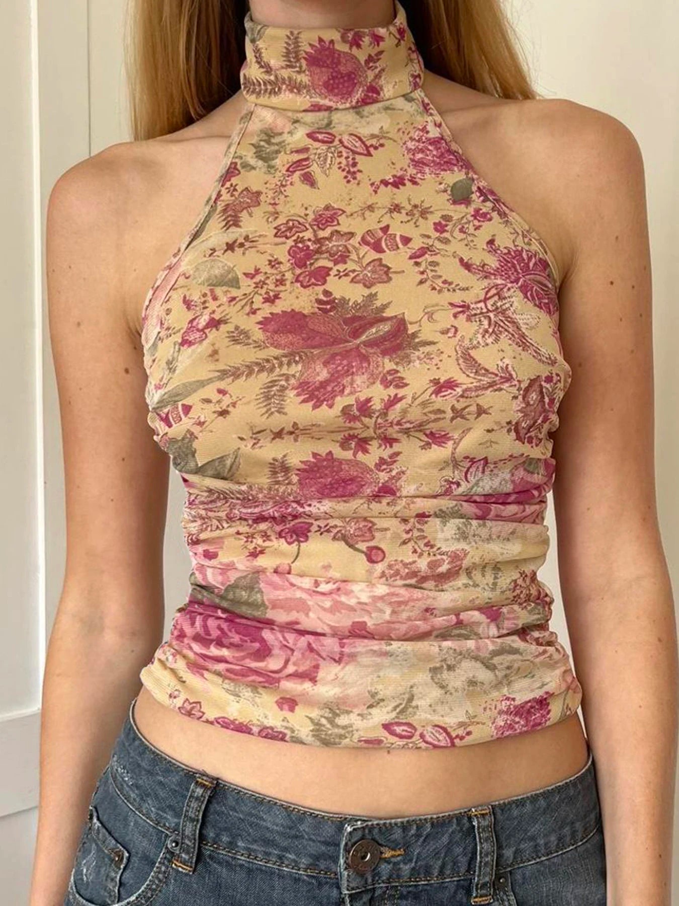 LIZAKOSHT - Mesh Floral Print Ruched Backless Halter Crop Top Boho Casual Sleeveless Camis Holiday Vacation Women Summer Y2K Tanks essential tank top LIZAKOSHT - Mesh Floral Print Ruched Backless Halter Crop Top Boho Casual Sleeveless Camis Holiday Vacation Women Summer Y2K Tanks essential tank top
