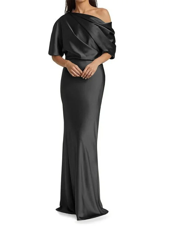 Elegant and tight fitting column shaped elastic woven satin pleats on one shoulder 1/2 sleeves and floor length bridal Mother of the Bride Dresses Elegant and tight fitting column shaped elastic woven satin pleats on one shoulder 1/2 sleeves and floor length bridal Mother of the Bride Dresses