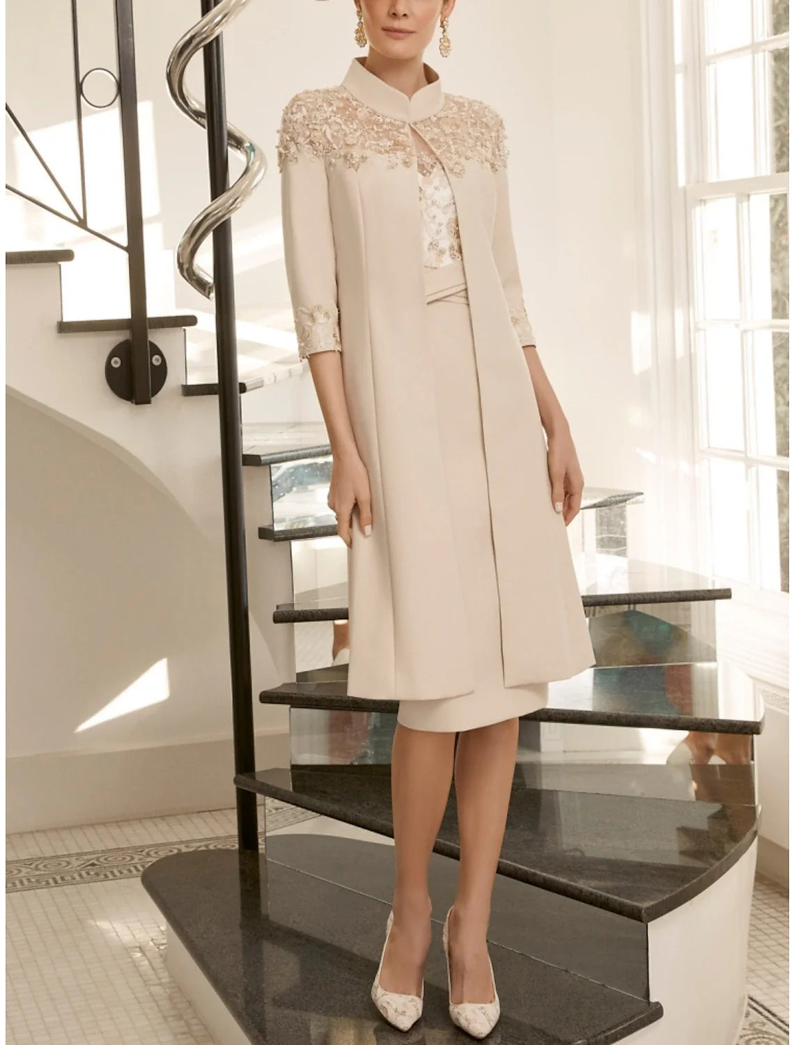 Two Piece Sheath / Column Mother of the Bride Dress Wedding Guest Elegant Jewel Neck Knee Length Stretch Fabric Half Sleeve with Lace Beading Sequin Two Piece Sheath / Column Mother of the Bride Dress Wedding Guest Elegant Jewel Neck Knee Length Stretch Fabric Half Sleeve with Lace Beading Sequin
