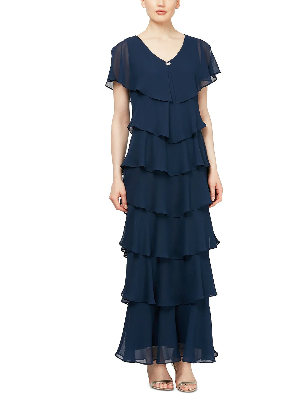 Sheath / Column Mother of the Bride Dress Plus Size V Neck Ankle Length Chiffon Short Sleeve with Tier Sheath / Column Mother of the Bride Dress Plus Size V Neck Ankle Length Chiffon Short Sleeve with Tier