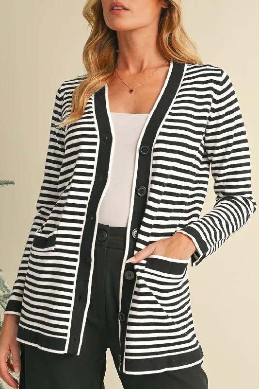 Black Striped Pocketed Button Long Cardigan Casual Formal Business