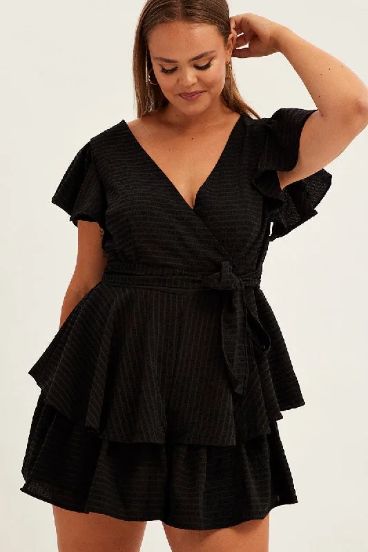 Black Short Playsuit Flare Sleeve Textured Stripe Long sleeve jumpsuit, Cozy, Trendy, Fall wear Black Short Playsuit Flare Sleeve Textured Stripe Long sleeve jumpsuit, Cozy, Trendy, Fall wear