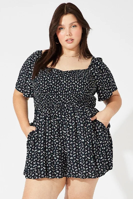 Blue Ditsy Playsuit Short Sleeve Shirred Back Cut Out Lace jumpsuit, Elegant, Feminine, Chic Blue Ditsy Playsuit Short Sleeve Shirred Back Cut Out Lace jumpsuit, Elegant, Feminine, Chic