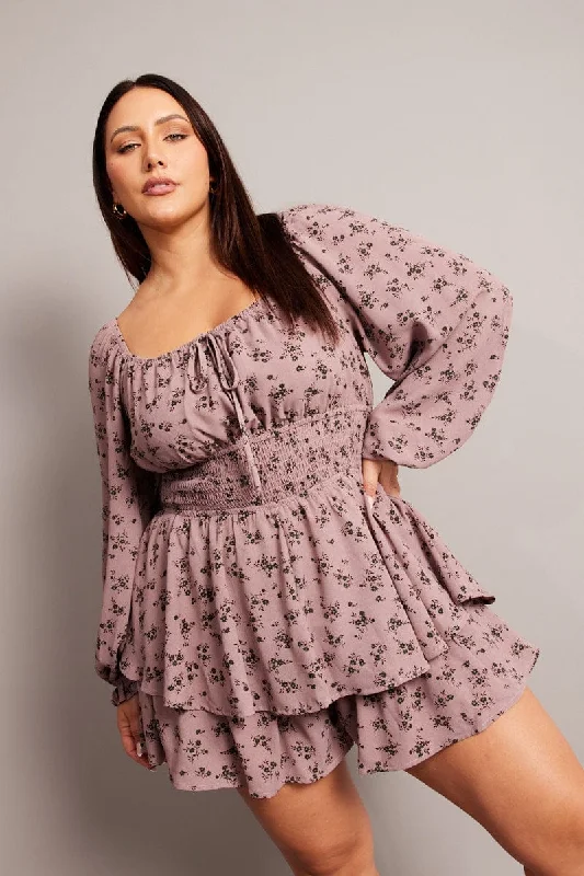 Purple Ditsy Ruffle Playsuit Long Sleeve Classic black jumpsuit, Elegant, Simple, Night out Purple Ditsy Ruffle Playsuit Long Sleeve Classic black jumpsuit, Elegant, Simple, Night out