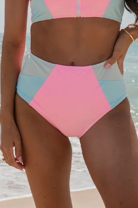 Summer Sun Pink Color Block High Waisted Bikini Bottoms FINAL SALE High-waist bikini, Retro style, Trendy, Comfortable Summer Sun Pink Color Block High Waisted Bikini Bottoms FINAL SALE High-waist bikini, Retro style, Trendy, Comfortable