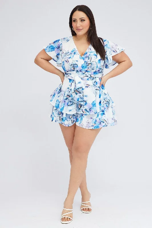 White Floral Playsuit Flare Sleeve Tie Waist Sleeveless wide leg jumpsuit, Summer fashion, Stylish, Comfortable White Floral Playsuit Flare Sleeve Tie Waist Sleeveless wide leg jumpsuit, Summer fashion, Stylish, Comfortable