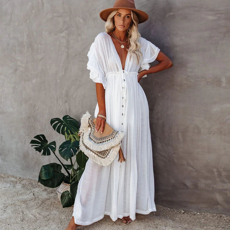 FashionSierra-Sexy Deep V Neck Maxi Women Backless White Cotton Summer Ruffles 2024 Casual Beach Bikini Cover Up Boho Dress Mesh panel bikini, Sexy, Fashionable, Comfortable FashionSierra-Sexy Deep V Neck Maxi Women Backless White Cotton Summer Ruffles 2024 Casual Beach Bikini Cover Up Boho Dress Mesh panel bikini, Sexy, Fashionable, Comfortable
