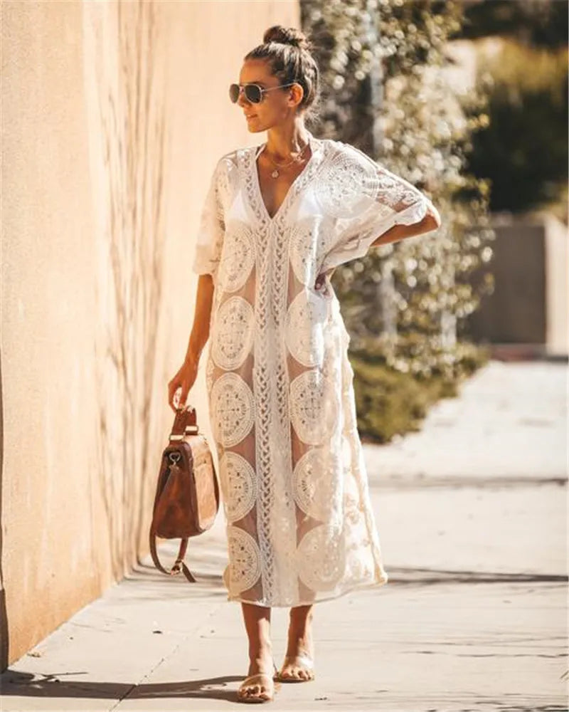 FashionSierra-White Lace Kaftan Beach Long Women Vintage Sexy See Through Summer Vestidos Tunic Robe Bikini Cover Up Boho Dress Mesh bikini, Sexy, Trendy, Comfortable FashionSierra-White Lace Kaftan Beach Long Women Vintage Sexy See Through Summer Vestidos Tunic Robe Bikini Cover Up Boho Dress Mesh bikini, Sexy, Trendy, Comfortable