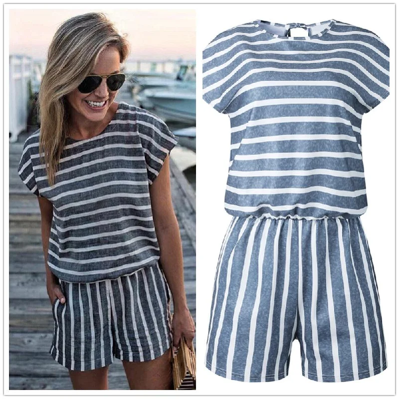 Casual Striped O Neck Short Sleeve Playsuit Sleeveless jumpsuit, Summer wear, Comfortable, Casual Casual Striped O Neck Short Sleeve Playsuit Sleeveless jumpsuit, Summer wear, Comfortable, Casual