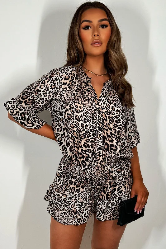 Leopard Print Playsuit With Frill Hem Classic denim jumpsuit, Street style, Comfortable, Trendy Leopard Print Playsuit With Frill Hem Classic denim jumpsuit, Street style, Comfortable, Trendy